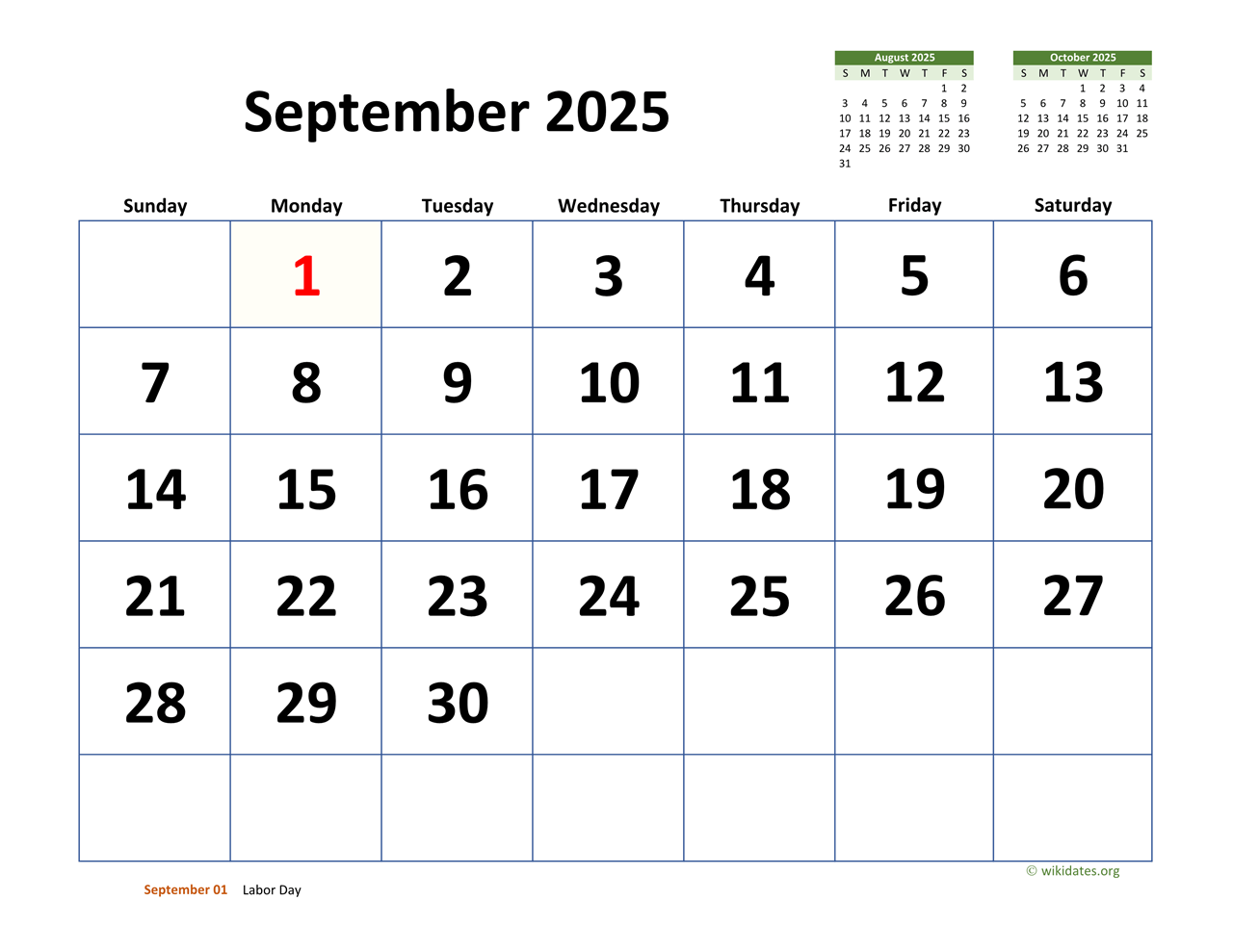 September 2025 Calendar With Extra large Dates WikiDates