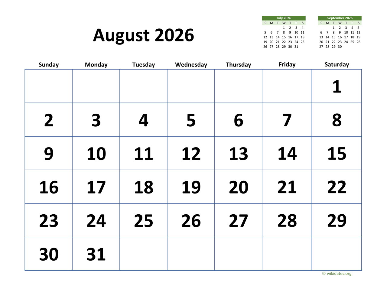August 2026 Calendar with Extralarge Dates