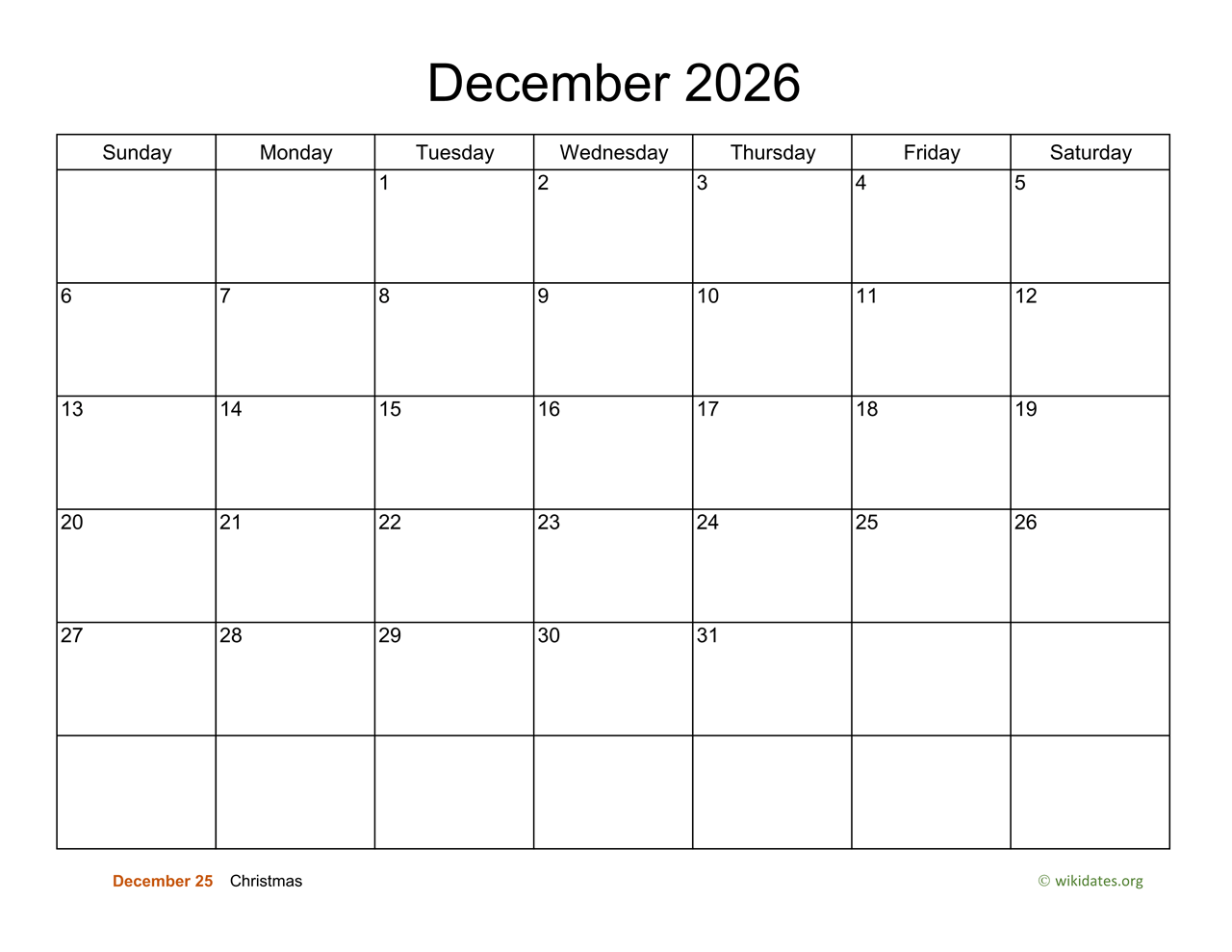 Basic Calendar For December 2026
