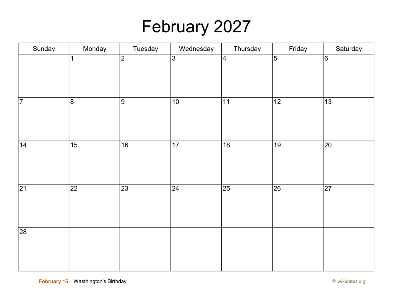 Basic Calendar for February 2027