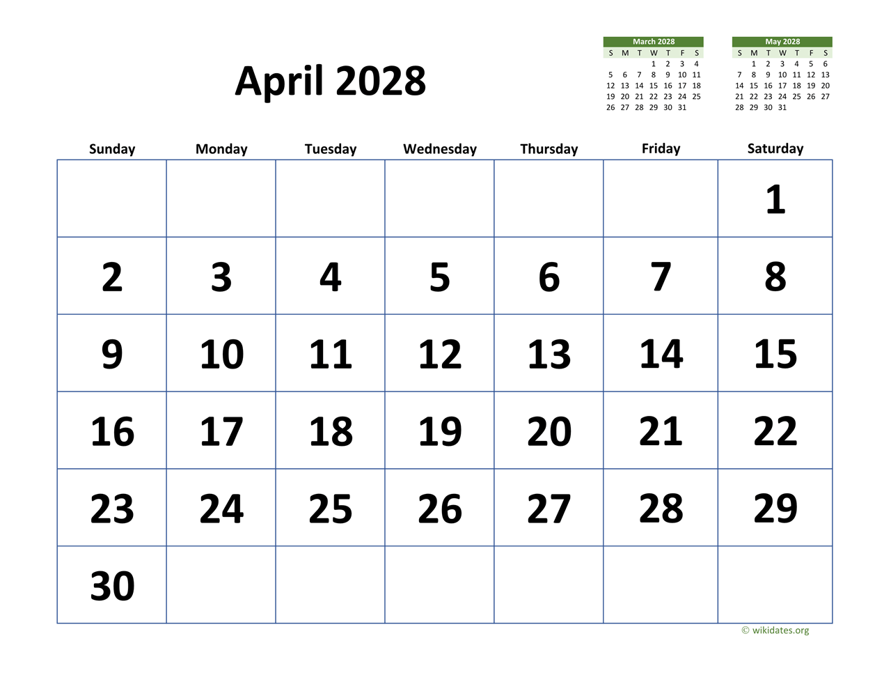 April 2028 Calendar With Extra Large Dates