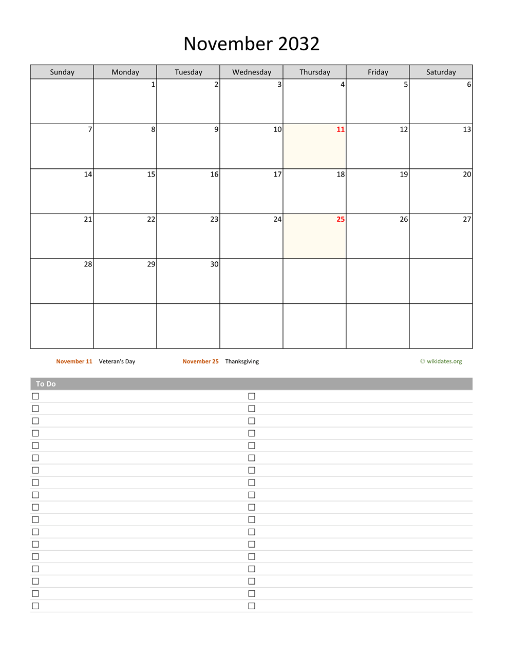 November 2032 Calendar With To Do List