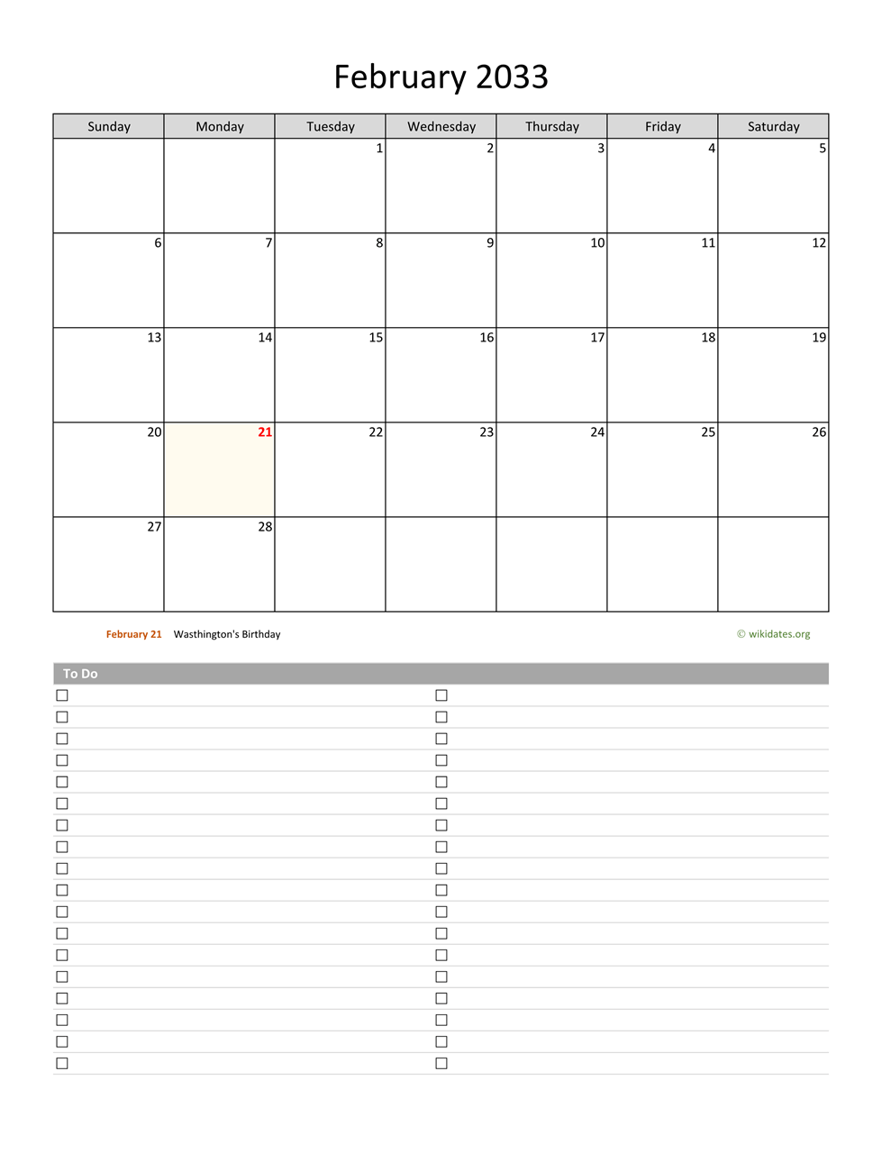 February 2033 Calendar With To Do List