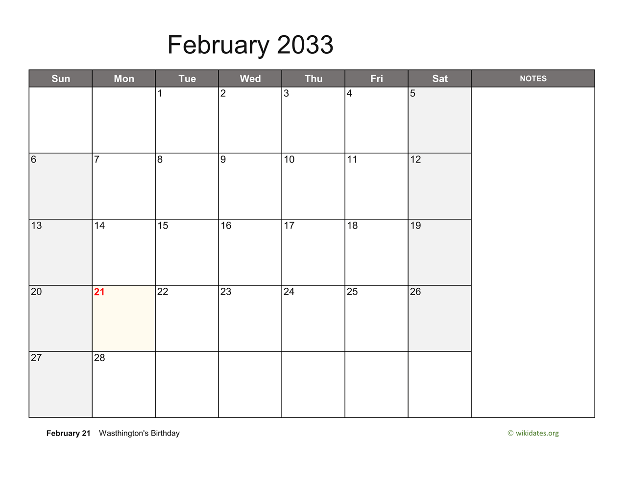 February 2033 Calendar With Notes