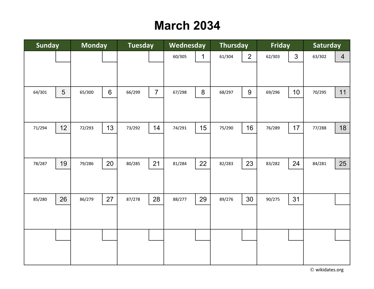 March 2034 Calendar With Day Numbers