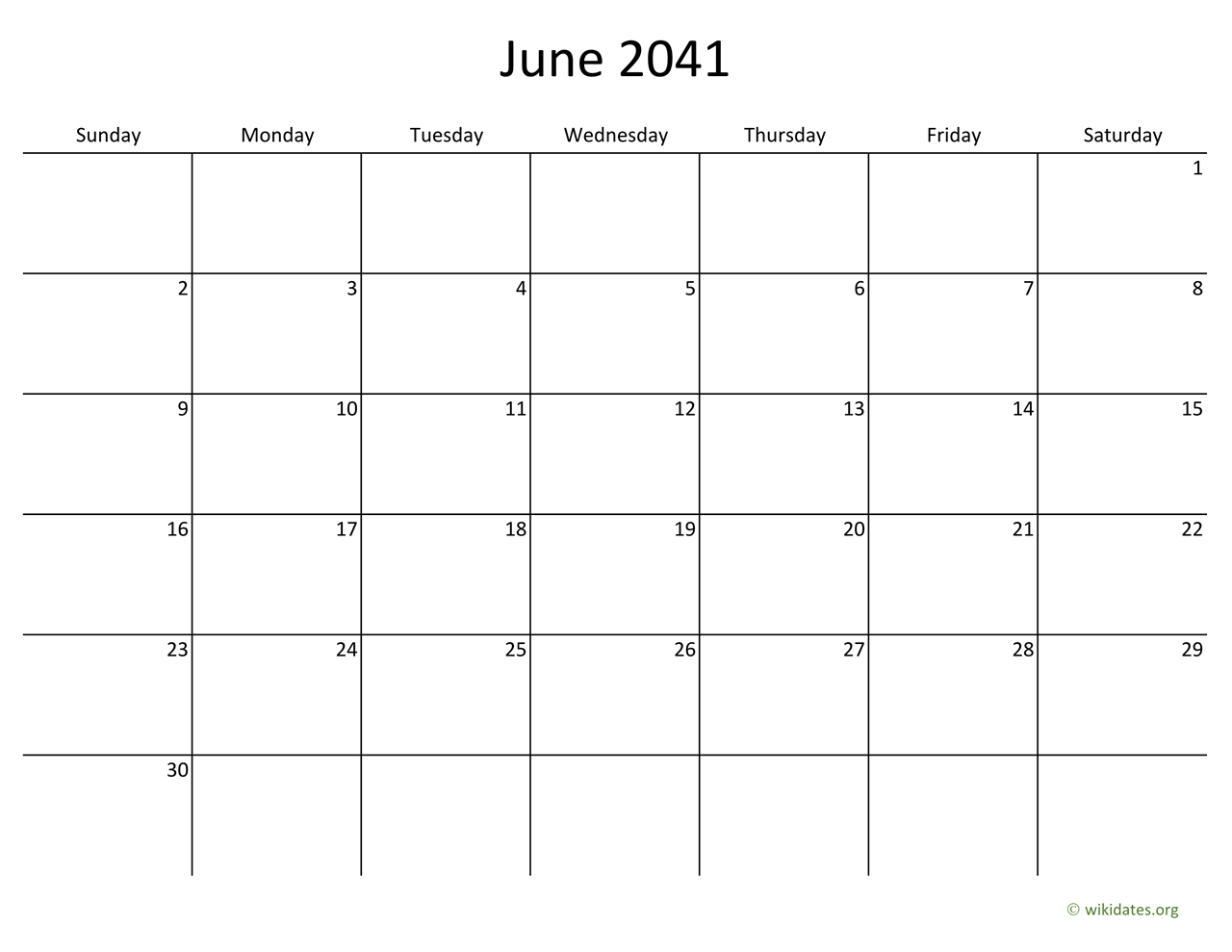 June 2041 Calendar with Bigger boxes | WikiDates.org
