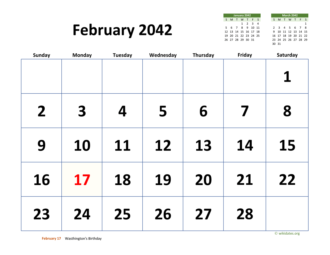 February 2042 Calendar with Extralarge Dates