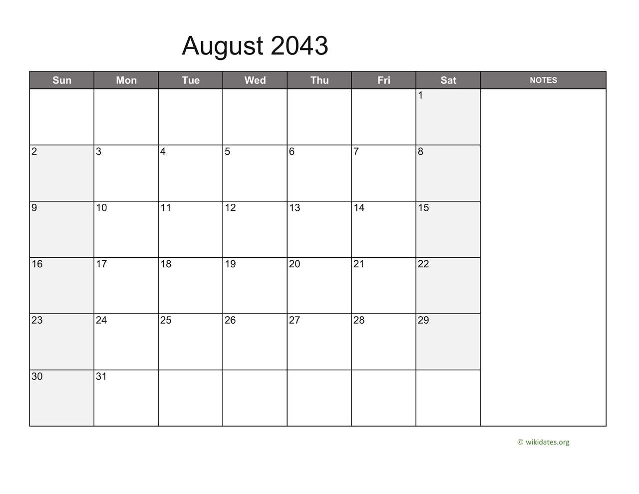 August 2043 Calendar With Notes