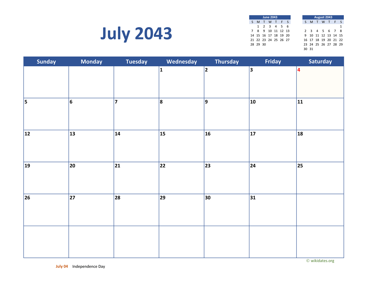 July 2043 Calendar Classic