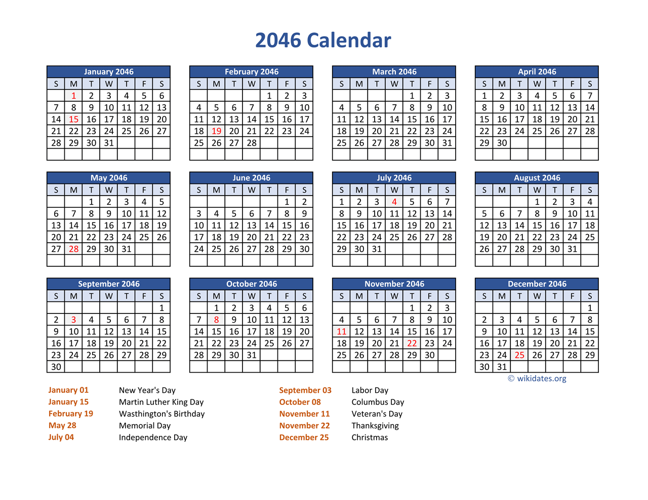PDF Calendar 2046 With Federal Holidays WikiDates