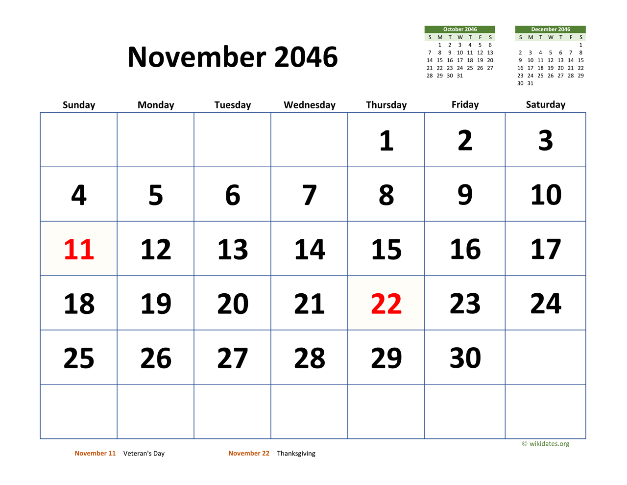 November 2046 Calendar With Extra Large Dates