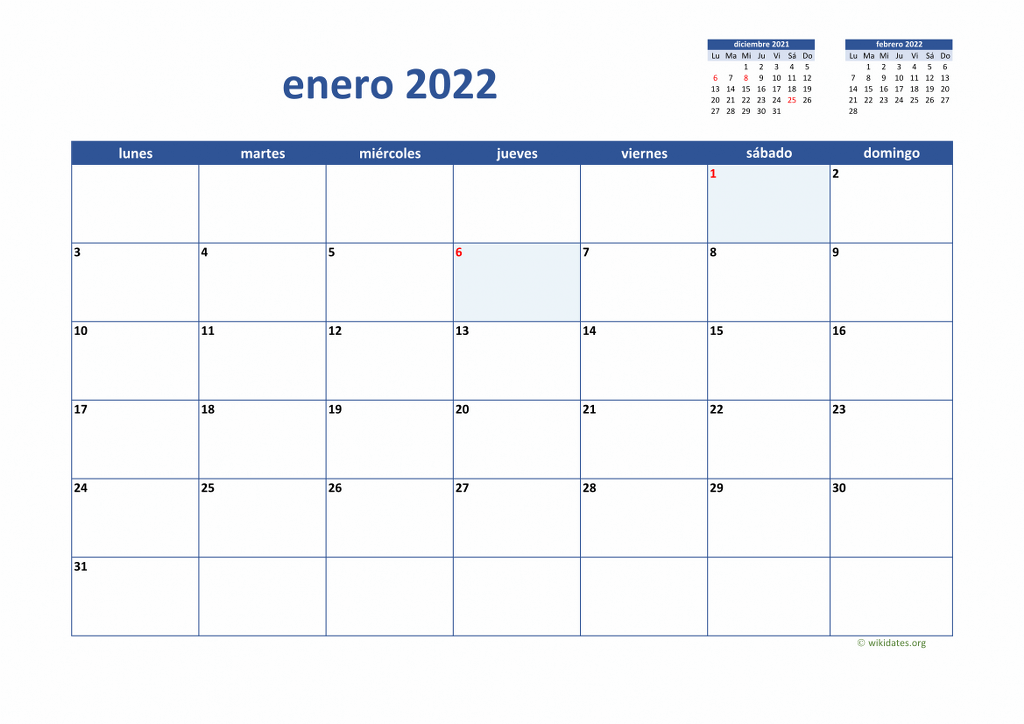 Calendario Enero 2022