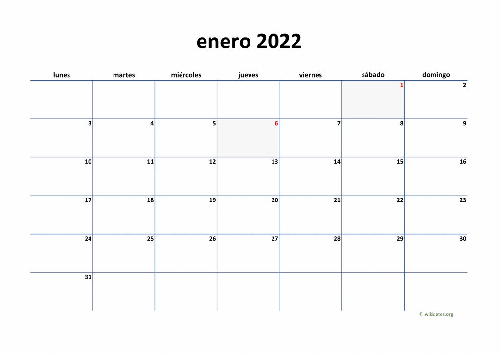 Calendario Enero 2022