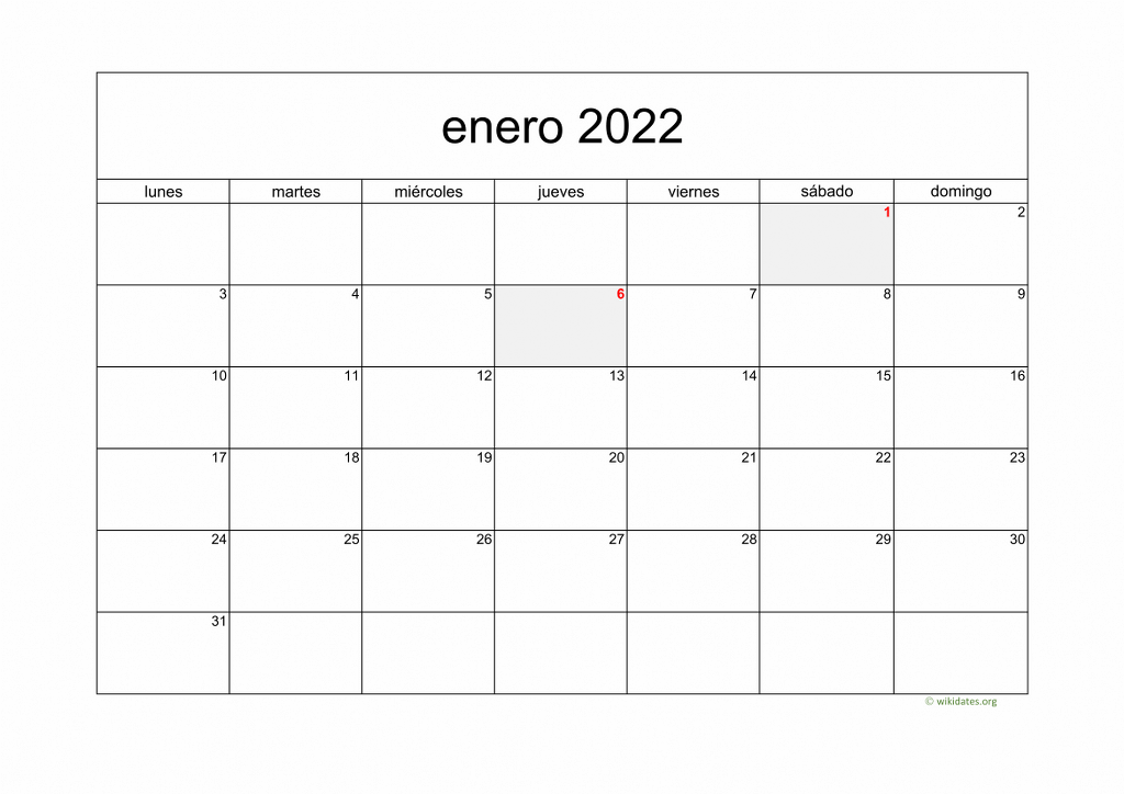 Calendario Enero 2022