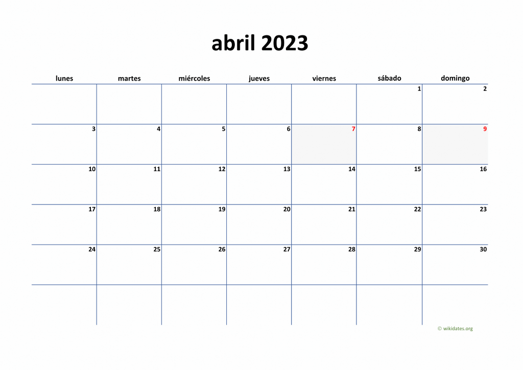 Calendario Abril 2023