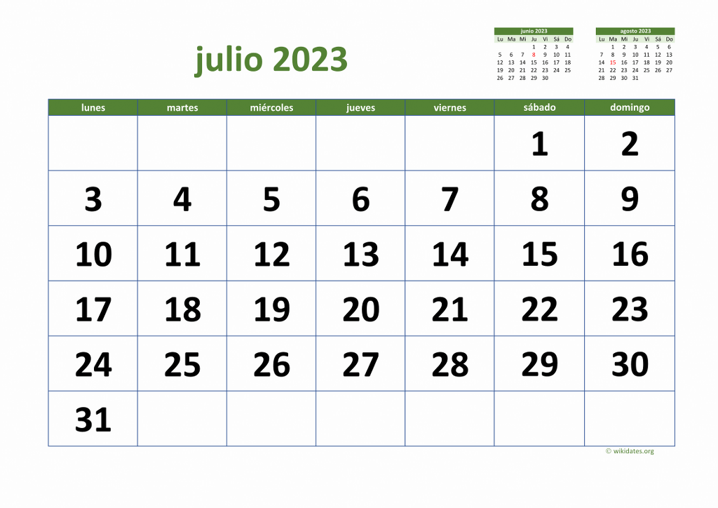 Calendario Julio 2023