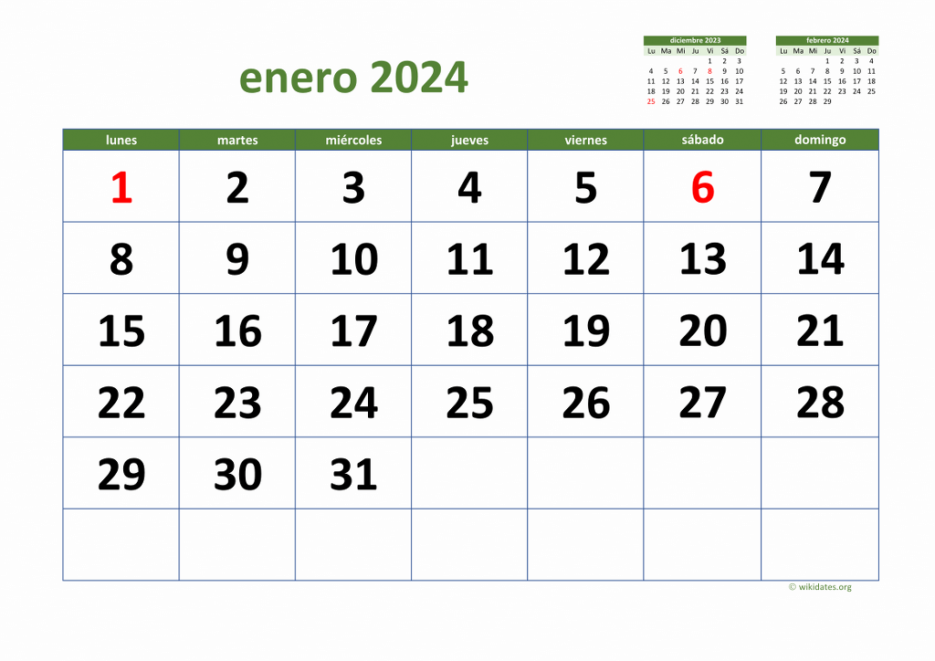 Calendario Enero 2024