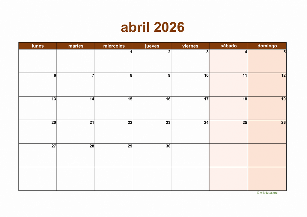 Calendario Abril 2026