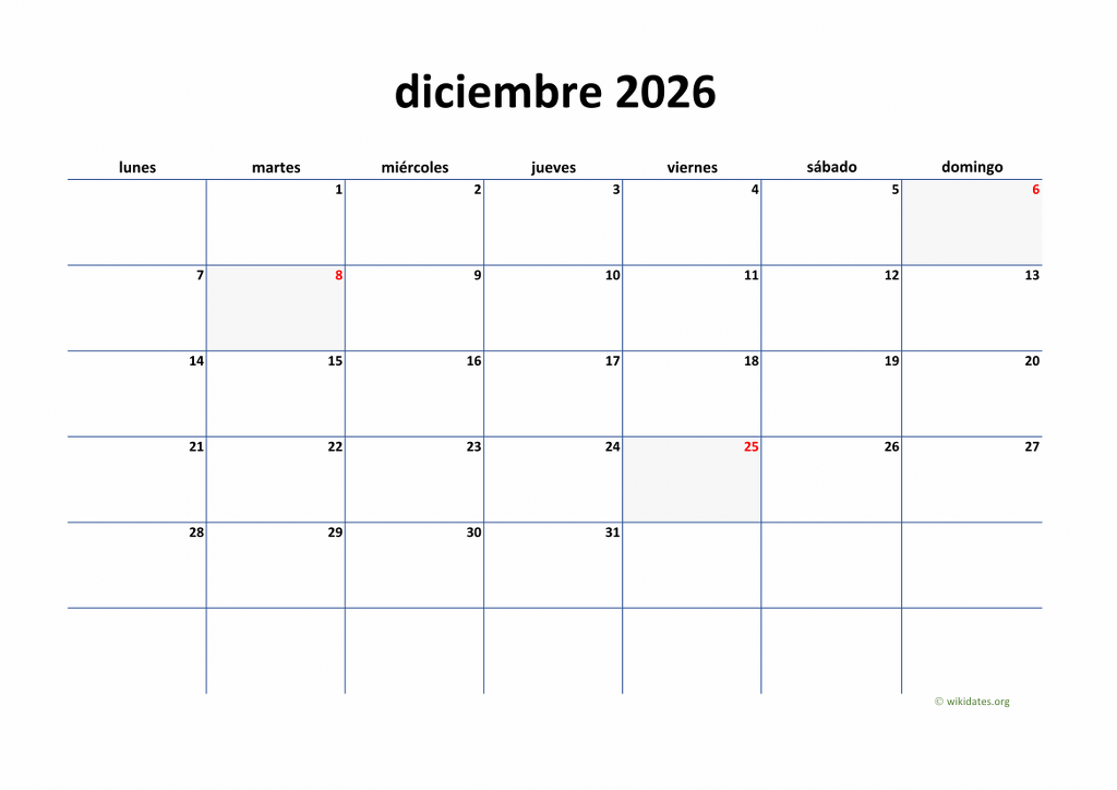 Calendario Diciembre 2026