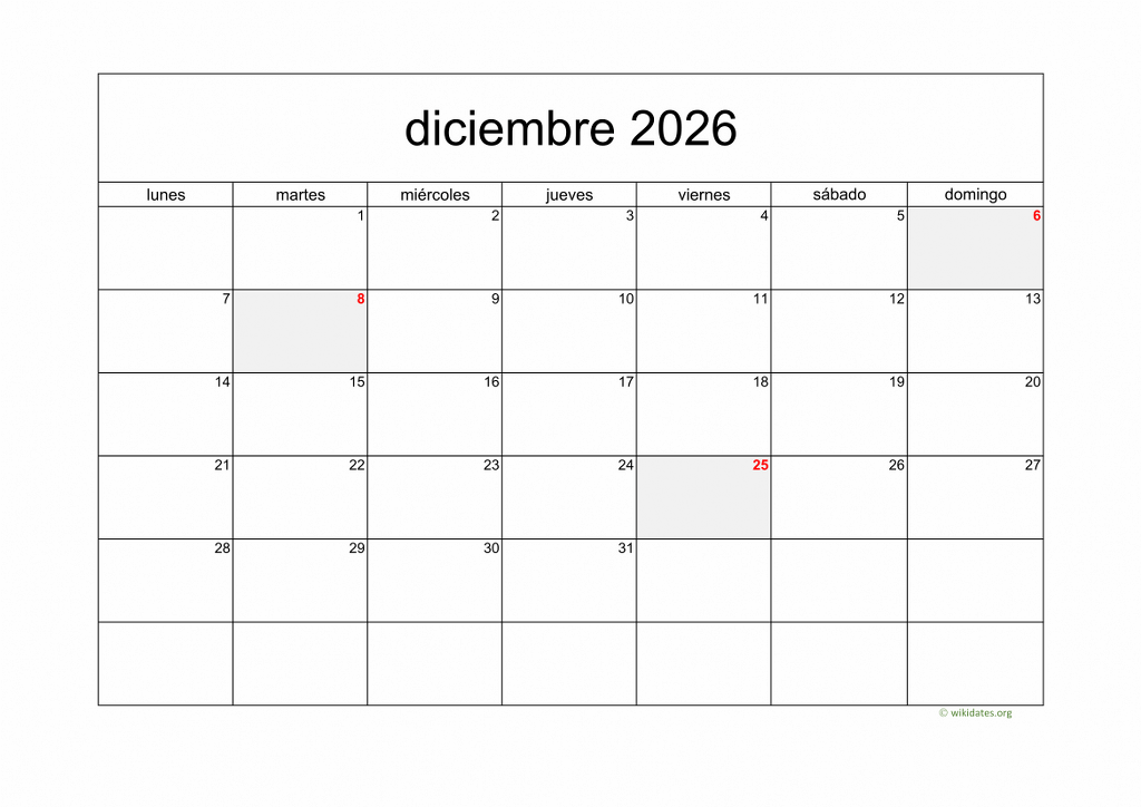 Calendario Diciembre 2026