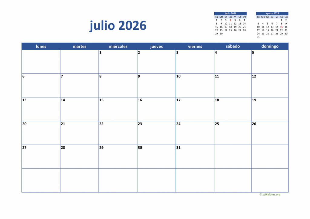 Calendario Julio 2026