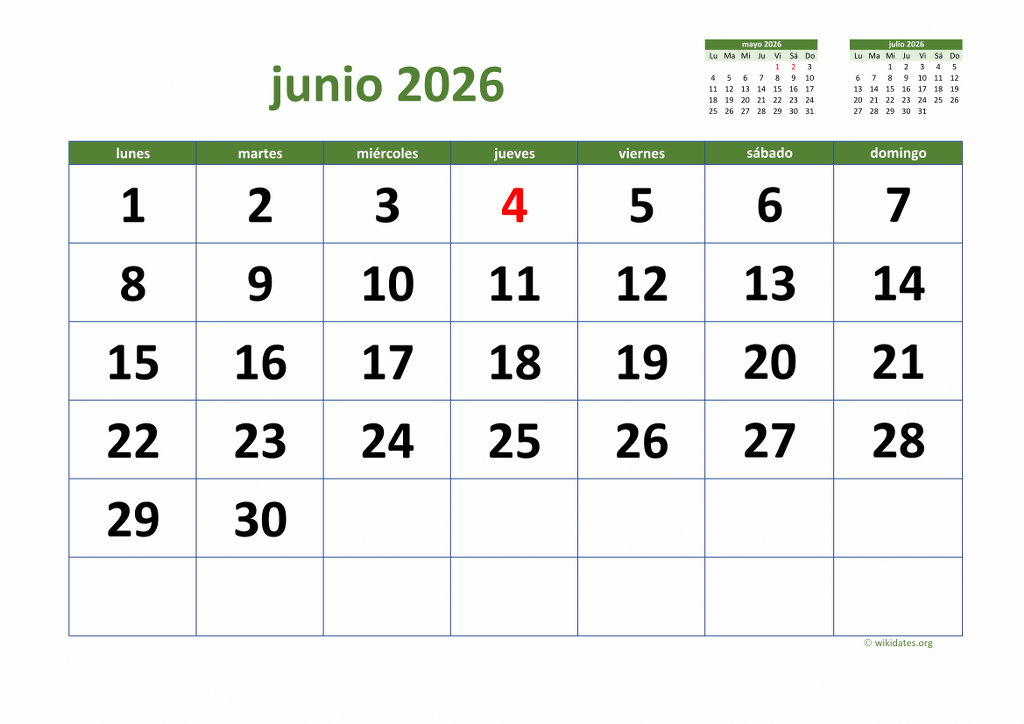 Calendario Junio 2026