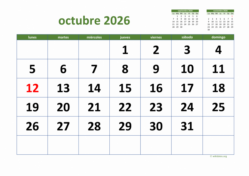 Calendario Octubre 2026
