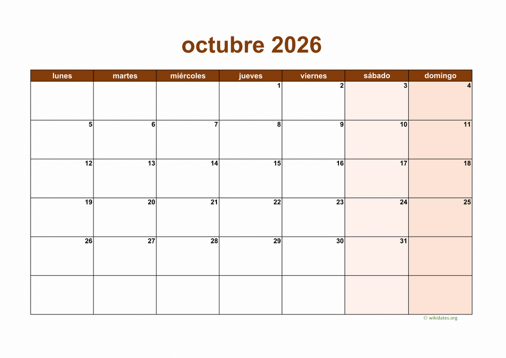 Calendario Octubre 2026