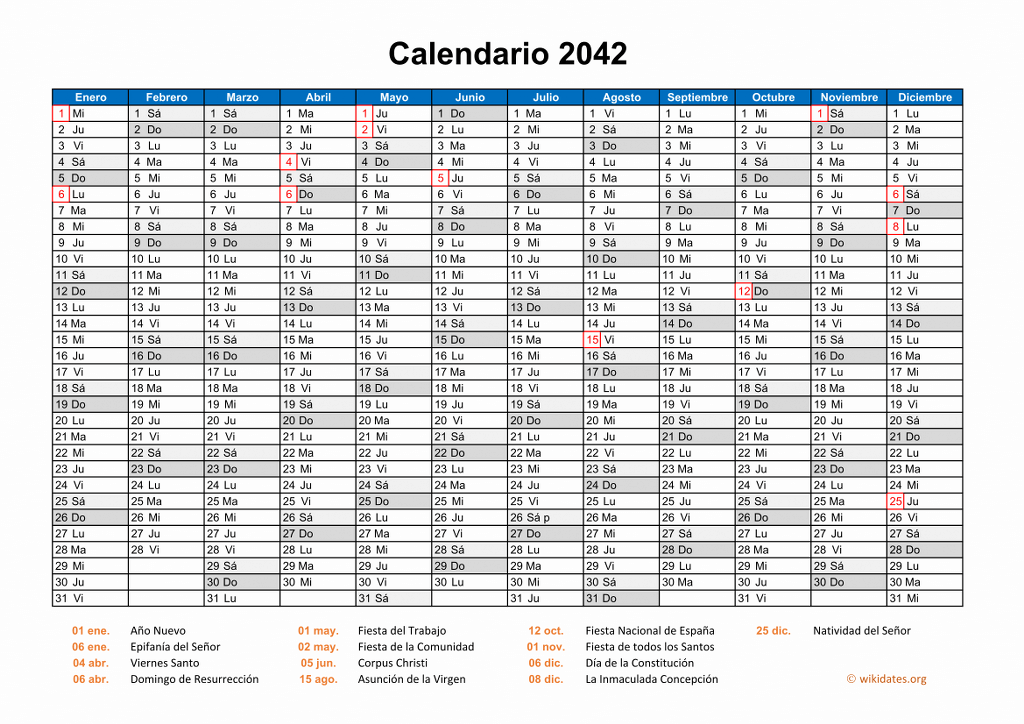 Calendario 2042 - Calendario de España del 2042 | WikiDates.org