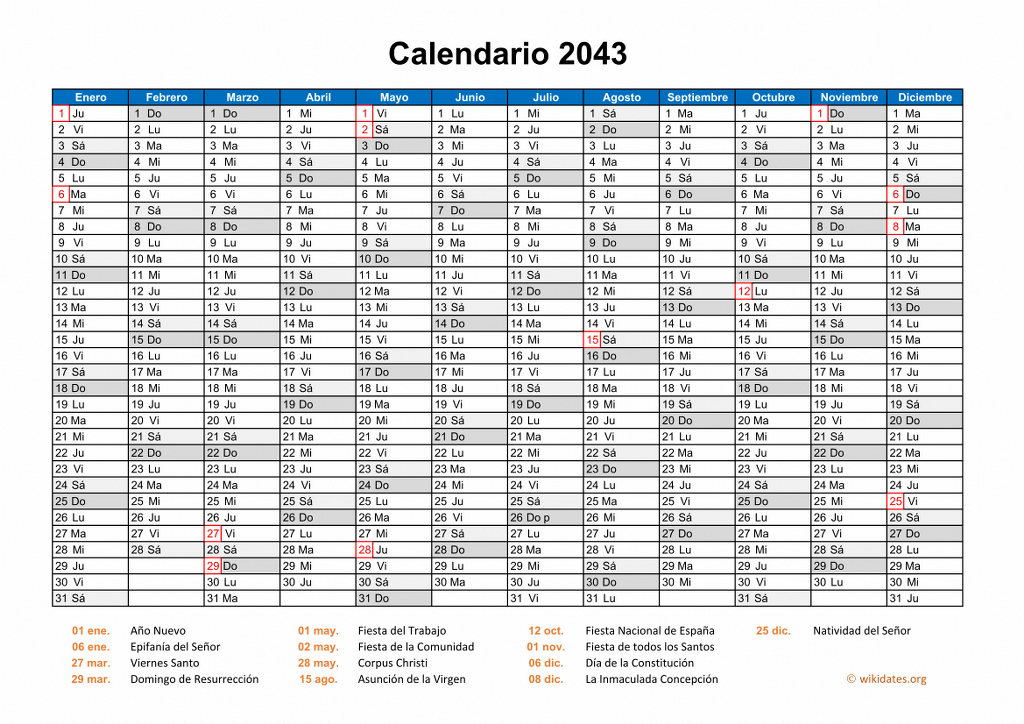 Calendario 2043 Calendario De España Del 2043