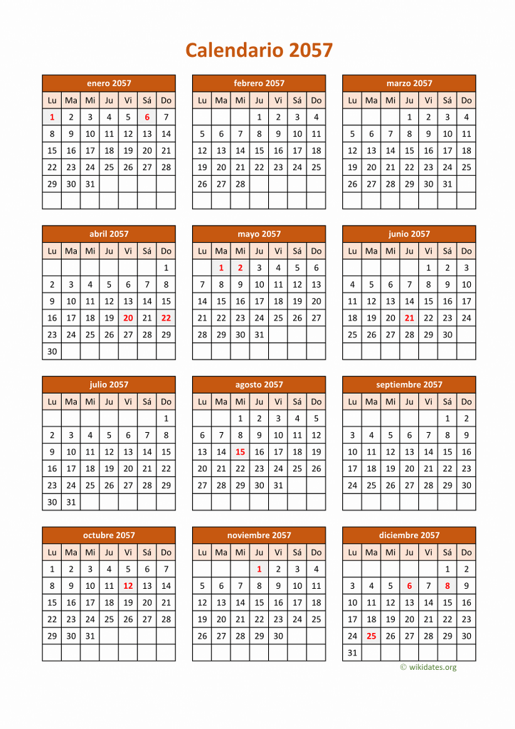 Calendario 2057 - Calendario de España del 2057 | WikiDates.org