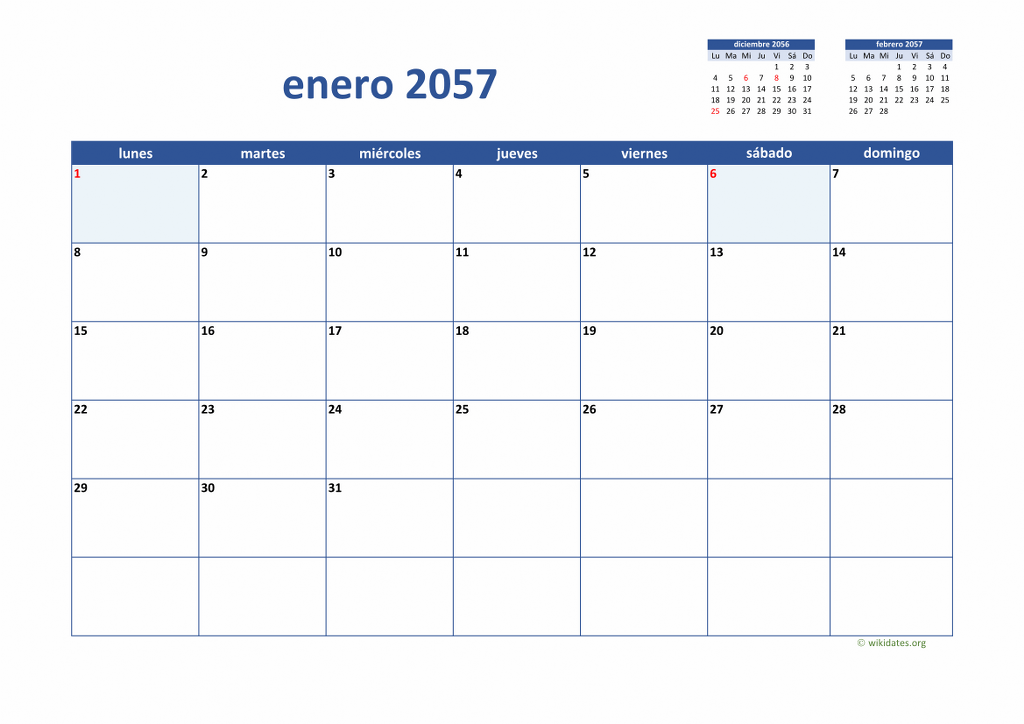 Calendario 2057 - Calendario de España del 2057 | WikiDates.org