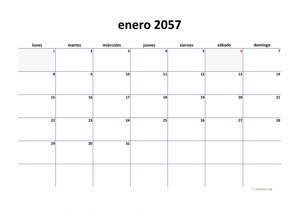 Calendario 2057 - Calendario de España del 2057 | WikiDates.org