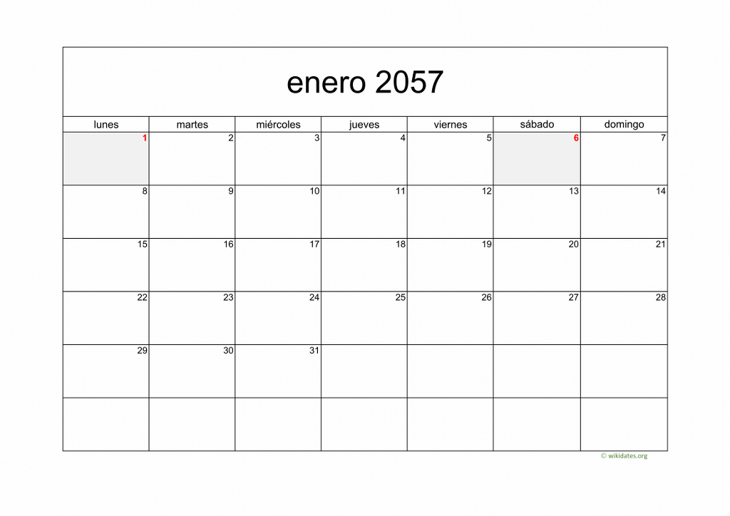 Calendario 2057 - Calendario de España del 2057 | WikiDates.org