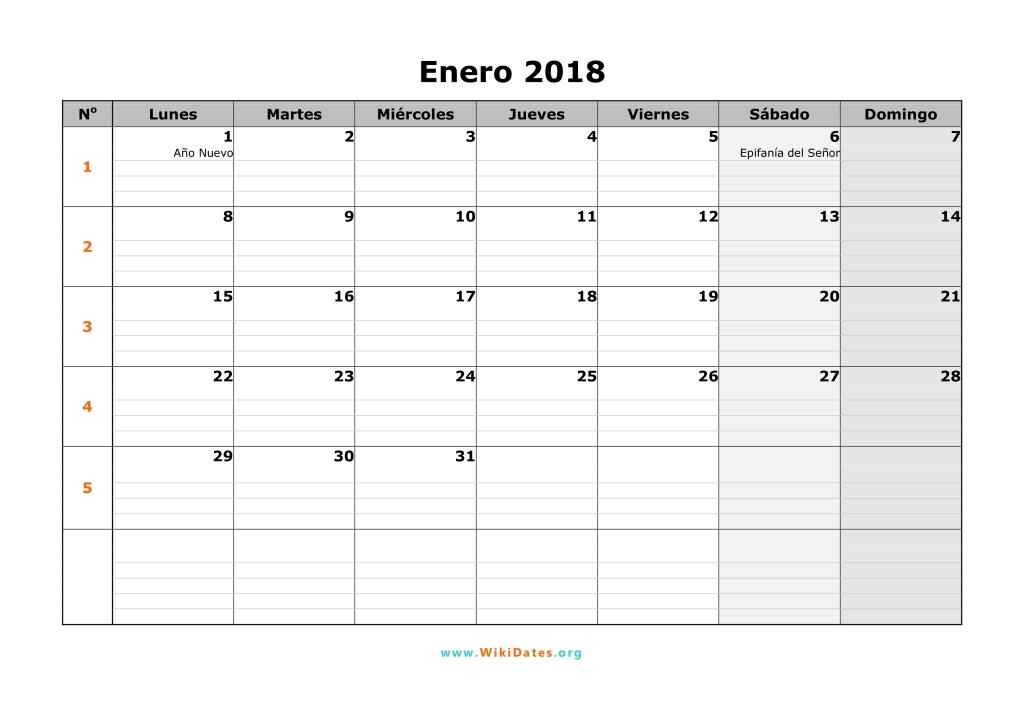 Calendario Enero 2018