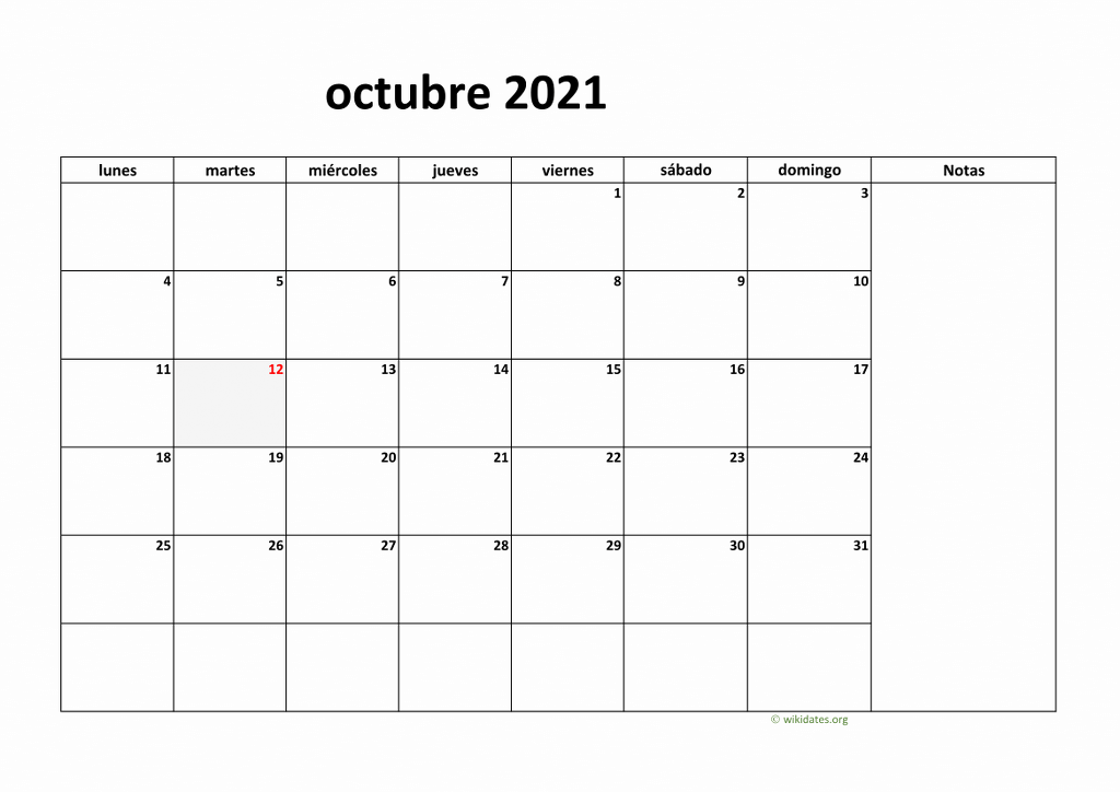 Calendario Octubre 2021 