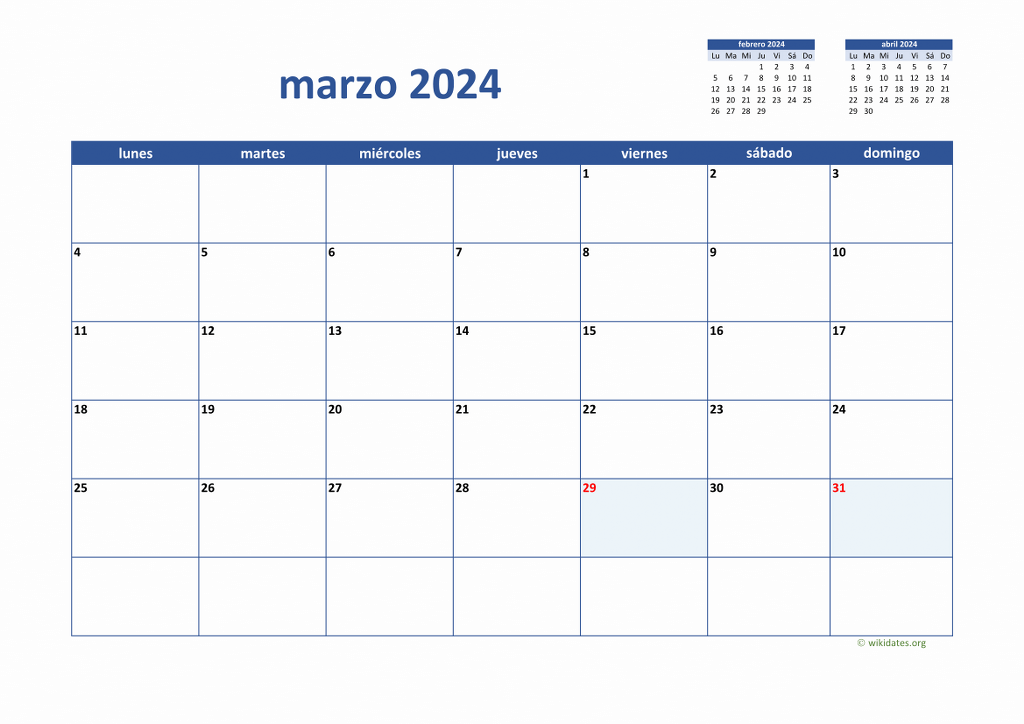 Calendario Marzo 2024