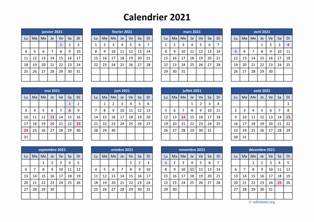 Calendrier 2021 à télécharger au format Excel et PDF