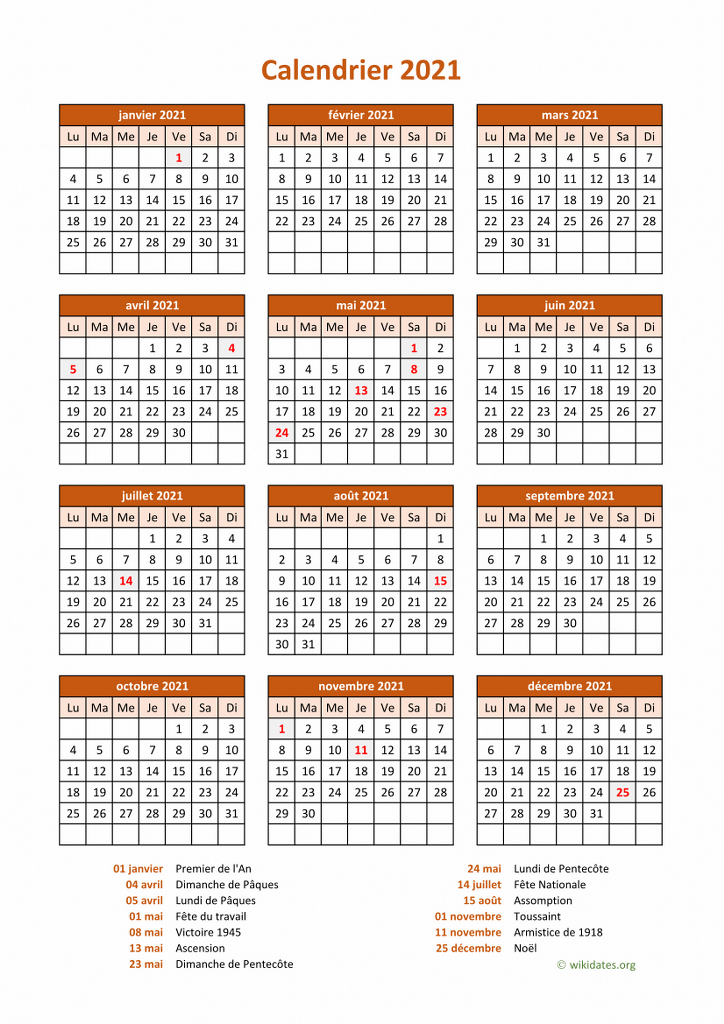 Calendrier 2021 Excel, Word et PDF - Calendarpedia