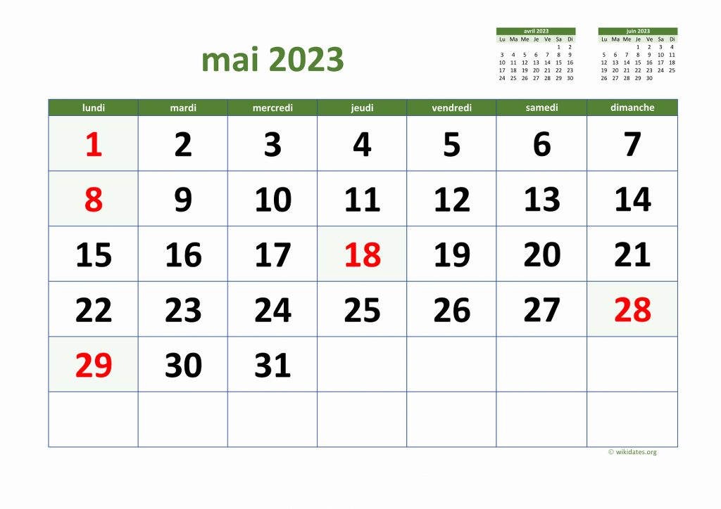 Calendrier Mai 2023