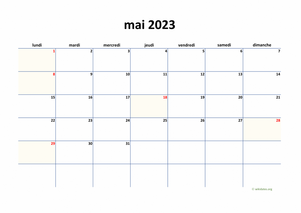 Calendrier Mai 2023