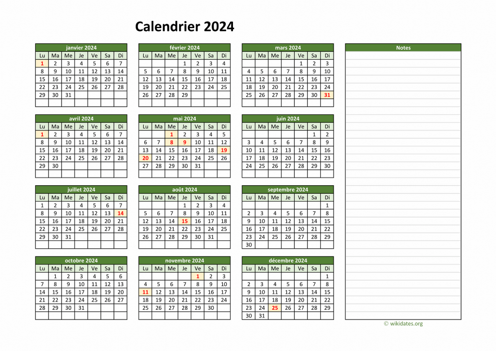 Calendrier 2024 imprimable, Calendrier 2024 téléchargeable, Calendrier  numérique digital, Format PDF A4, Orientation Paysage, Grand format -   France