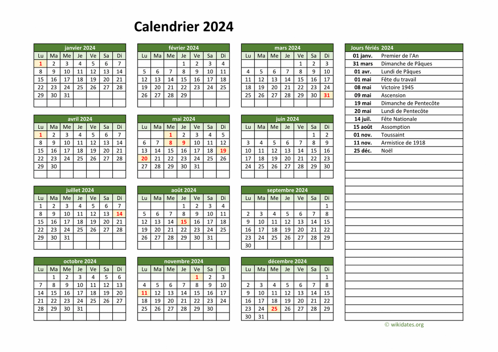 Calendrier 2024 à imprimer | WikiDates.org