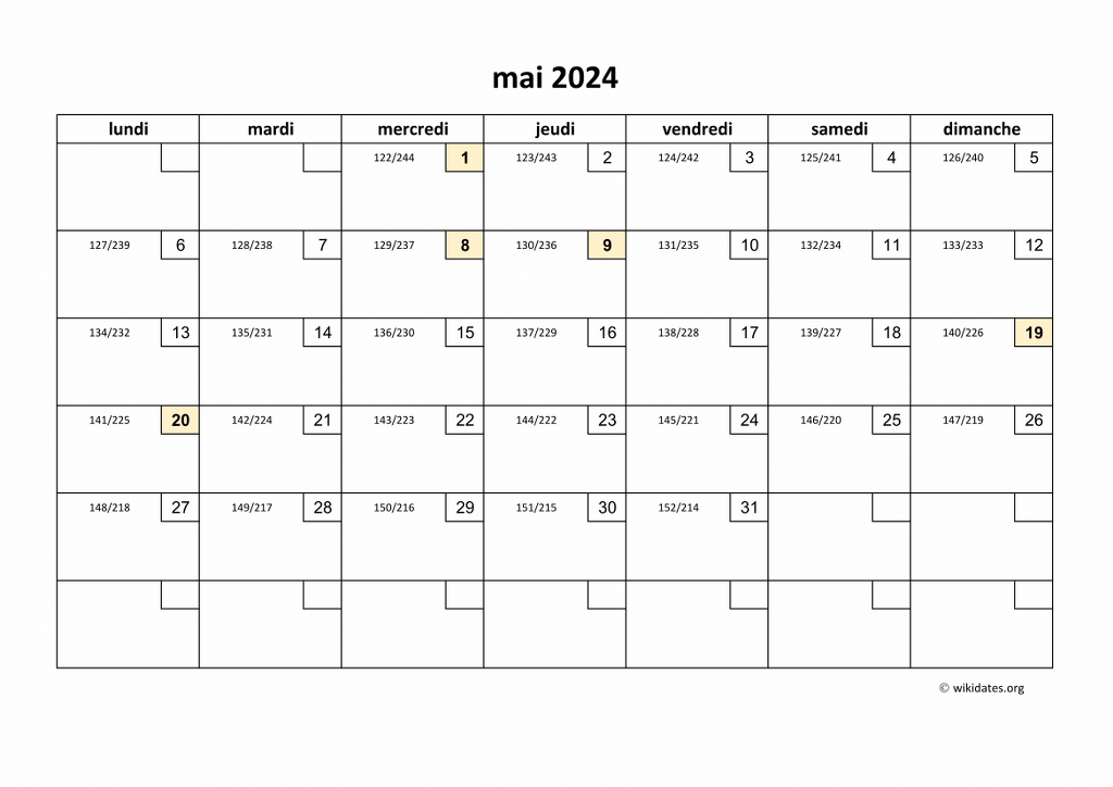 Calendrier Mai 2024