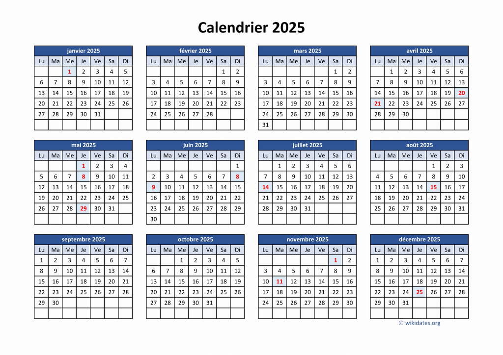 Calendrier 2025 à imprimer