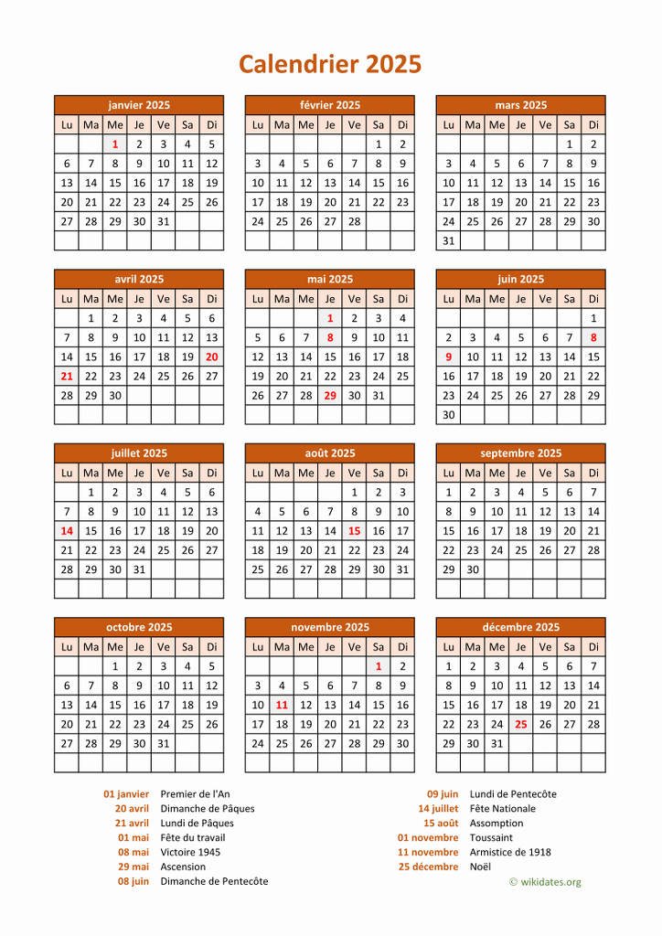 Calendrier 2025 à imprimer