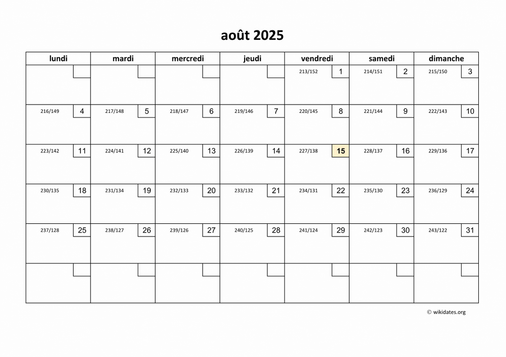 Calendrier Août 2025