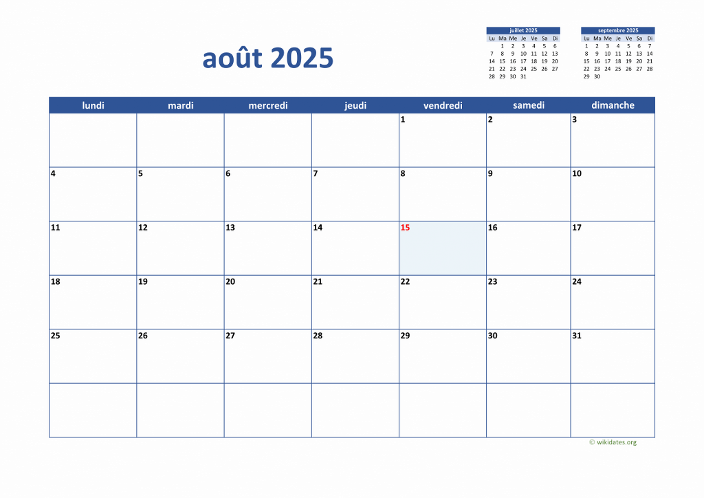 Calendrier Août 2025  WikiDates.org