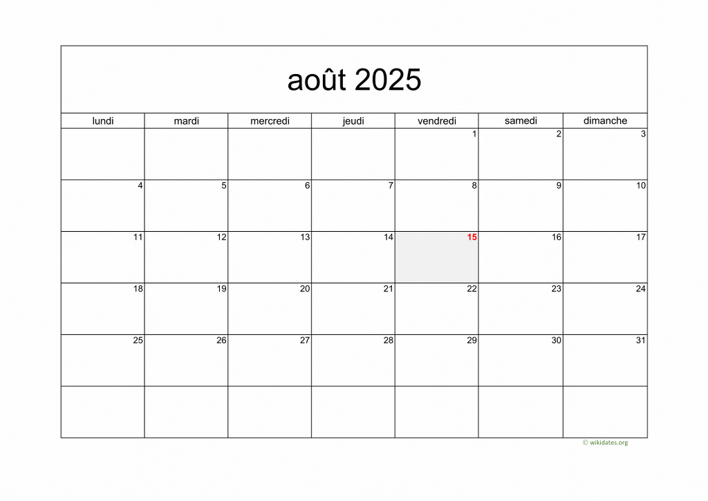 Calendrier Août 2025  WikiDates.org