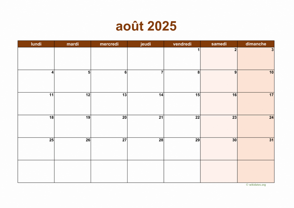 Calendrier Août 2025  WikiDates.org